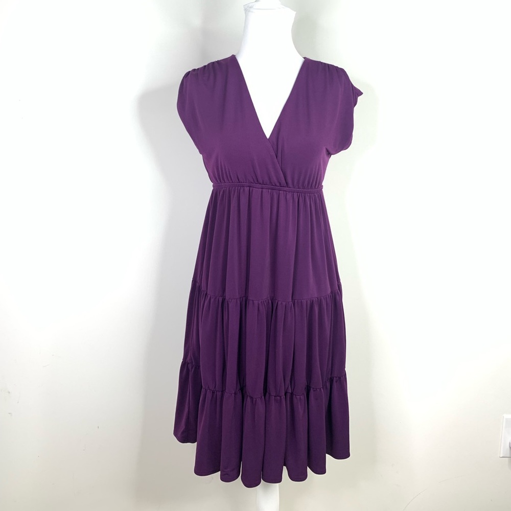 M1 Oleg Cassini Babydoll Tiered Dress Small Purple Boho V-Neck‎ Empire Waist